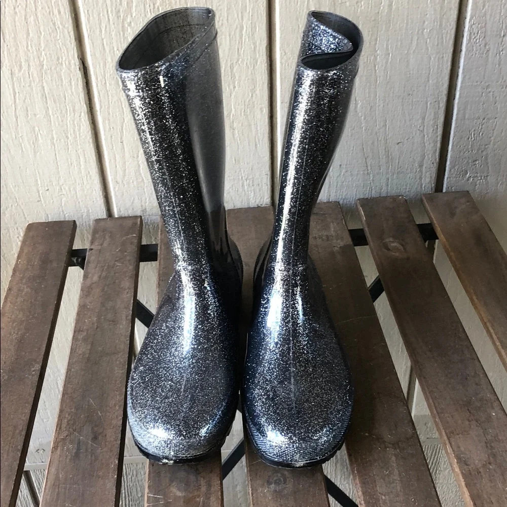 Women's Glitter Mid-Calf Black Rain Boots